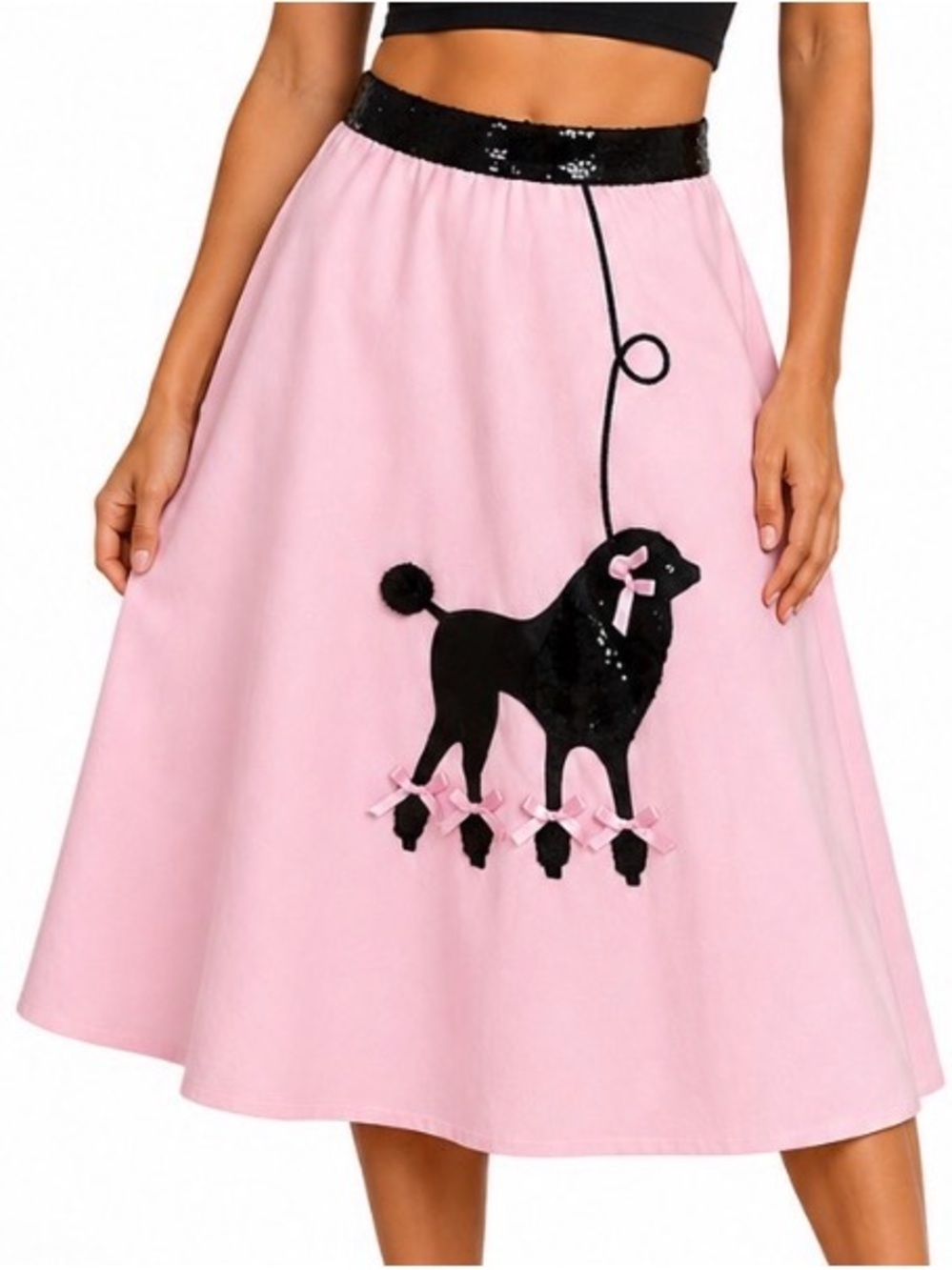 Pink 50s Poodle Midi Skirt Black Sequin Waist Sock Hop Costume Grease SZ SM